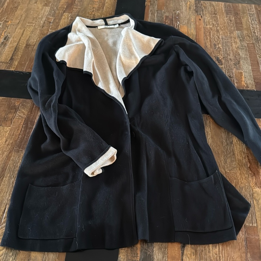OST soft blazer cardigan black with tan inside with two front pockets.